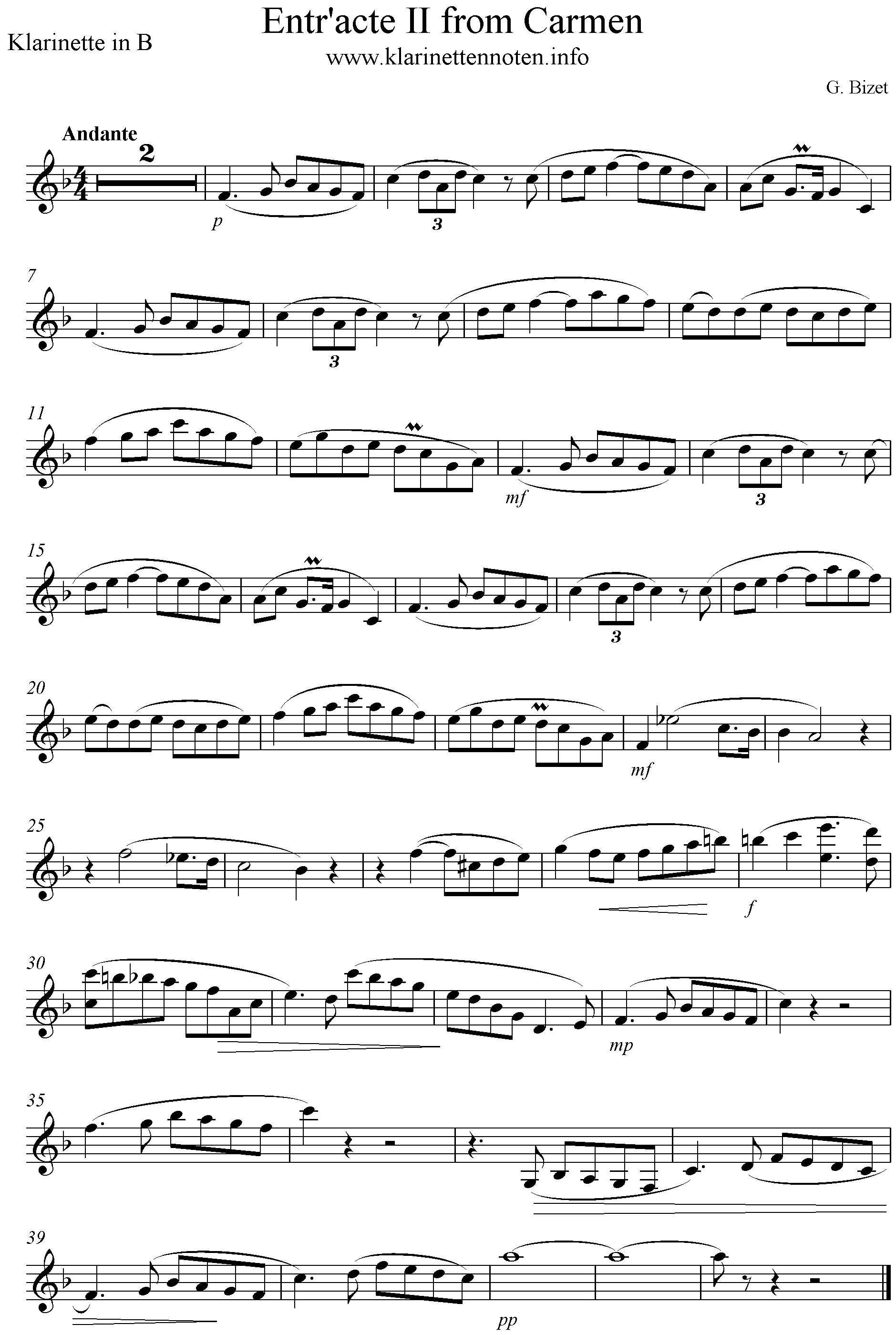Noten für Klarinette, Entr'acte from Carmen, Clarinet freesheetmusic